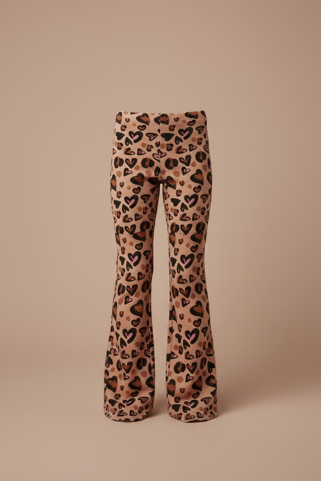 Pantalon Léopard Enfant Évasé Cœurs Marron Imprimé - Maille - vue 3