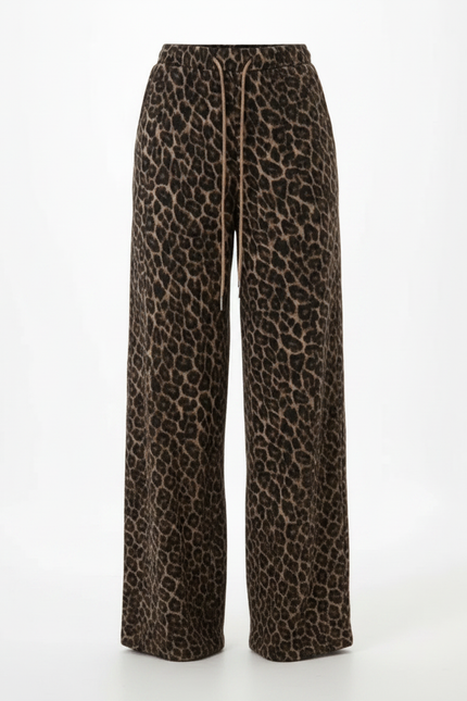 Pantalon Léopard Ample Marron Imprimé Molletonné Décontracté - vue 3