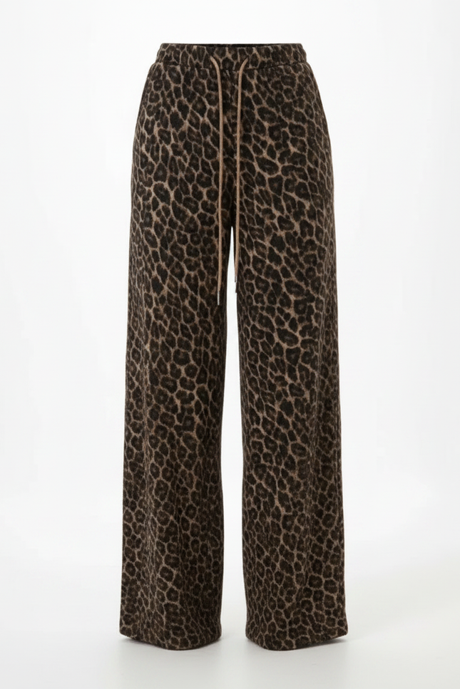 Pantalon Léopard Ample Marron Imprimé Molletonné Décontracté - vue 3