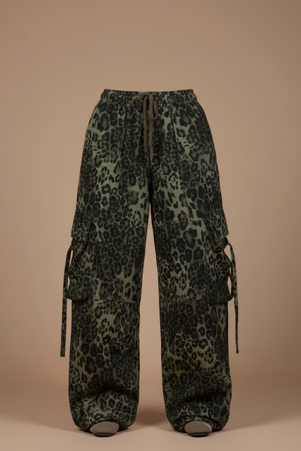 Pantalon Léopard Cargo Vert Ample Imprimé Streetwear - Kaki Toile - vue 3
