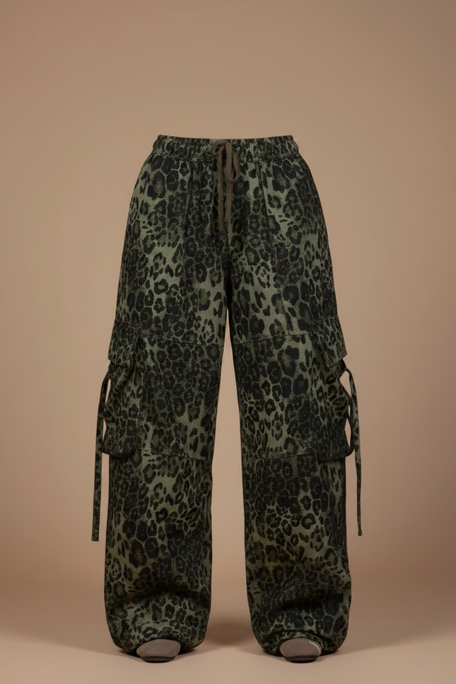 Pantalon Léopard Cargo Vert Ample Imprimé Streetwear - Kaki Toile - vue 3