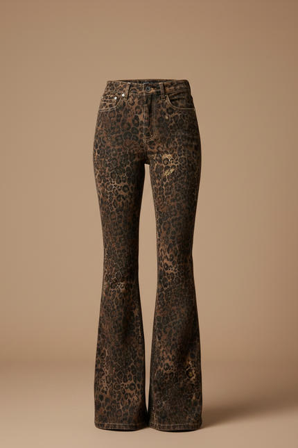 Pantalon Léopard Évasé Imprimé Marron Ajusté Femme - Velours - vue 3
