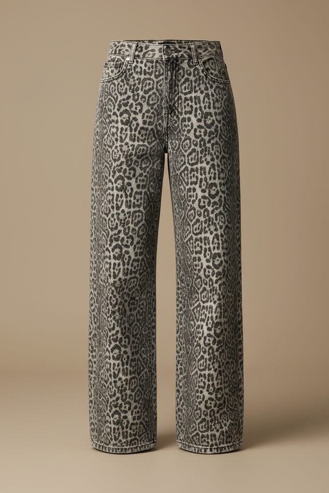 Pantalon Léopard Ample Gris Imprimé Délavé Vintage Taille Haute - Jean - vue 3