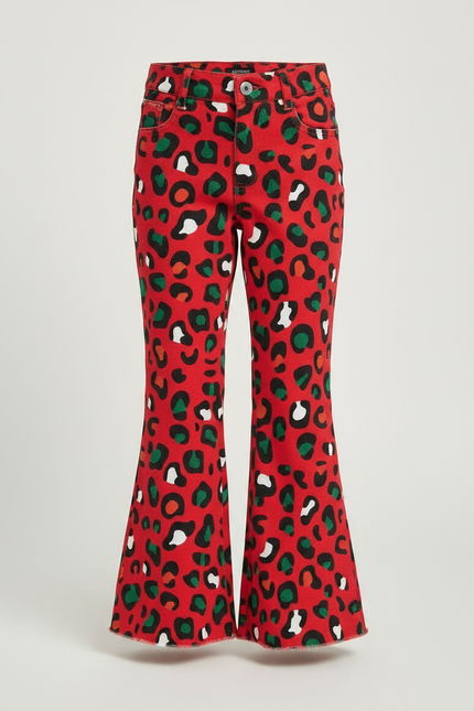 Pantalon Léopard Rouge Évasé Imprimé Fille Tendance - Gabardine - vue 3