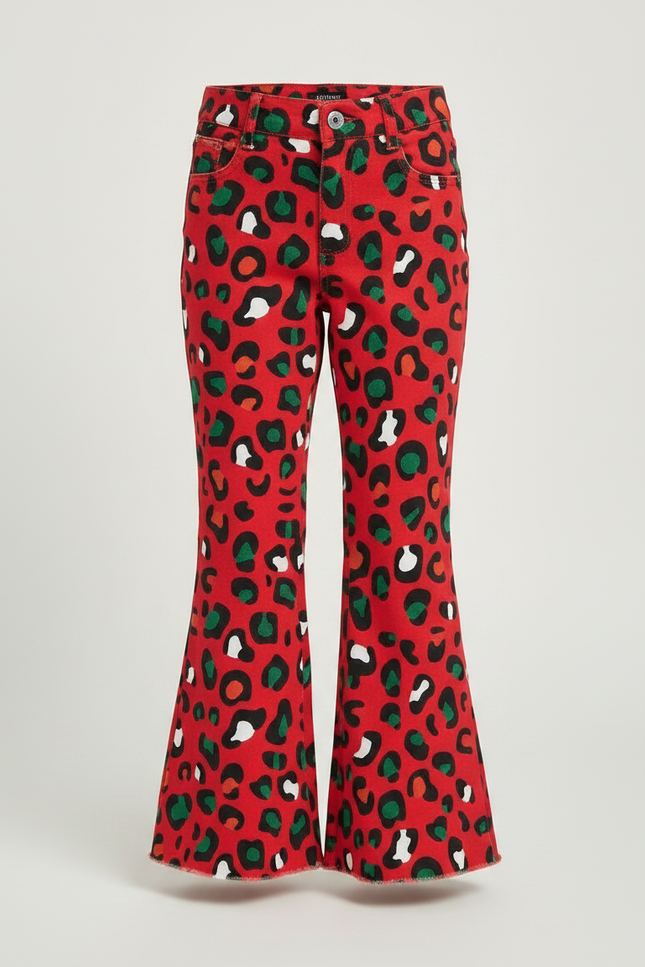Pantalon Léopard Rouge Évasé Imprimé Fille Tendance - Gabardine - vue 3