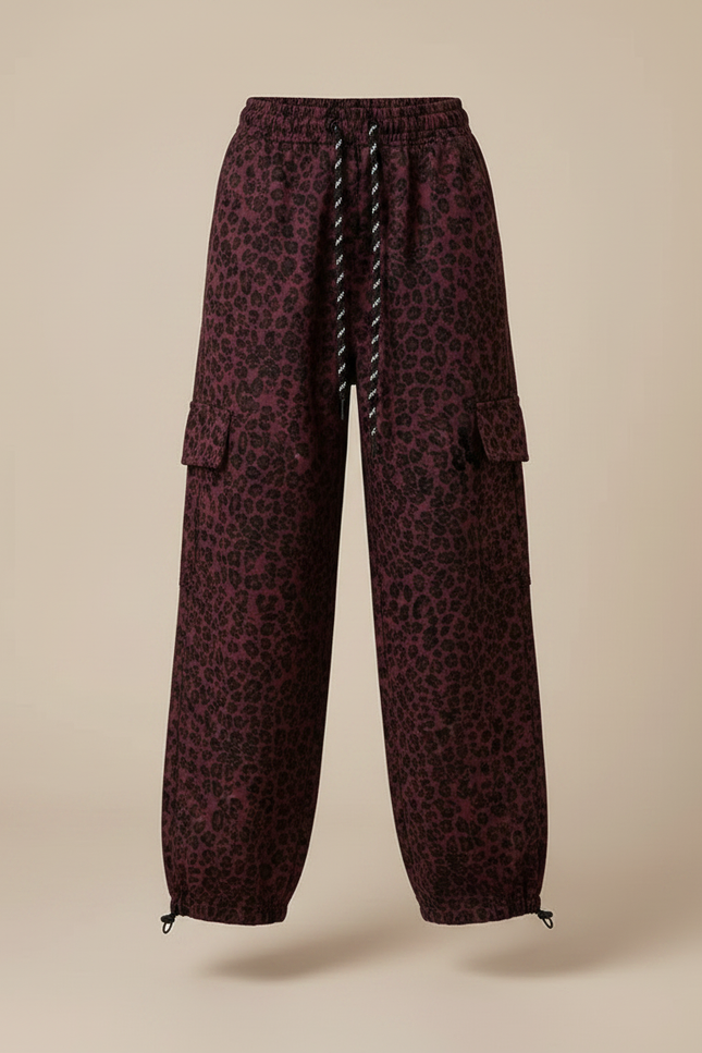 Pantalon Léopard Cargo Ample Bordeau Imprimé Fille - Bordeaux Viscose - vue 3