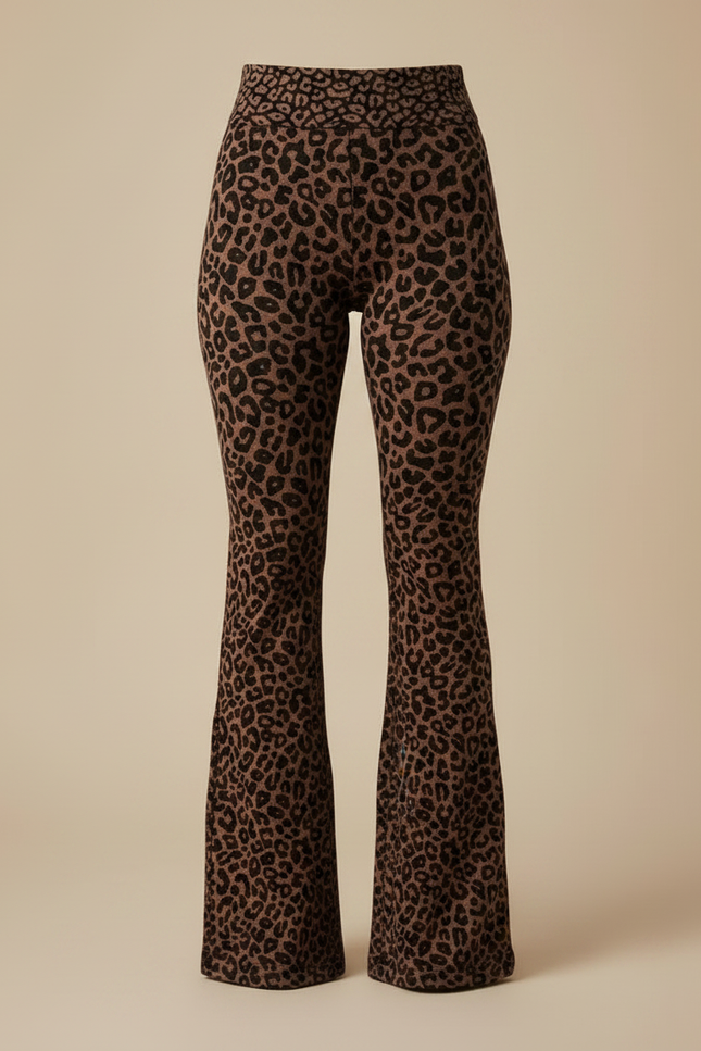 Pantalon Léopard Marron Moulant Évasé Confortable - Maille - vue 3