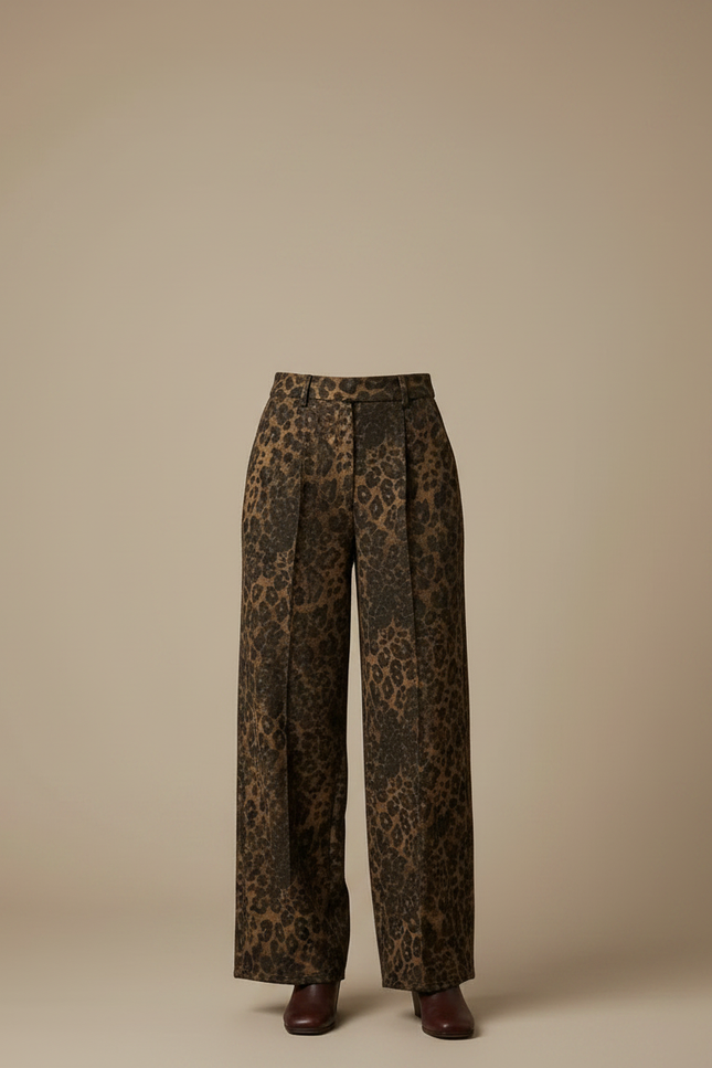 Pantalon Léopard Marron Ample Taille Haute Fluide - Imprimé Laine - vue 3