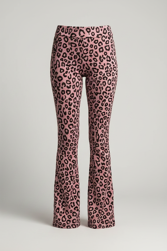 Pantalon Léopard Rose Évasé Imprimé Animal Moulant Femme - Maille - vue 3