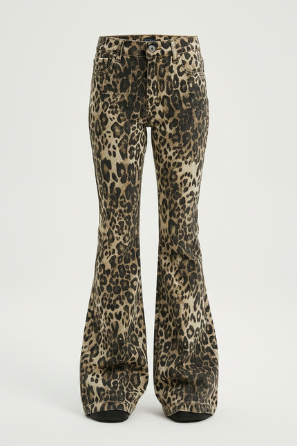 Pantalon Léopard Évasé Imprimé Marron Taille Haute - Jean - vue 3