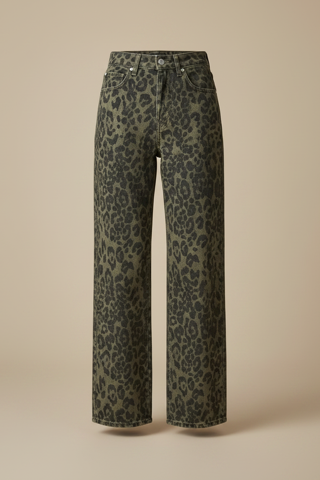 Pantalon Léopard Ample Vert Imprimé Confortable Décontracté - Jean - vue 3