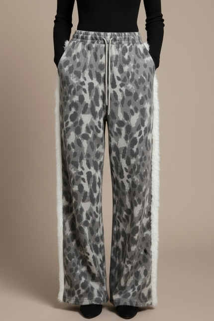 Pantalon Léopard Gris Ample Molletonné Doux Patchwork - vue 3