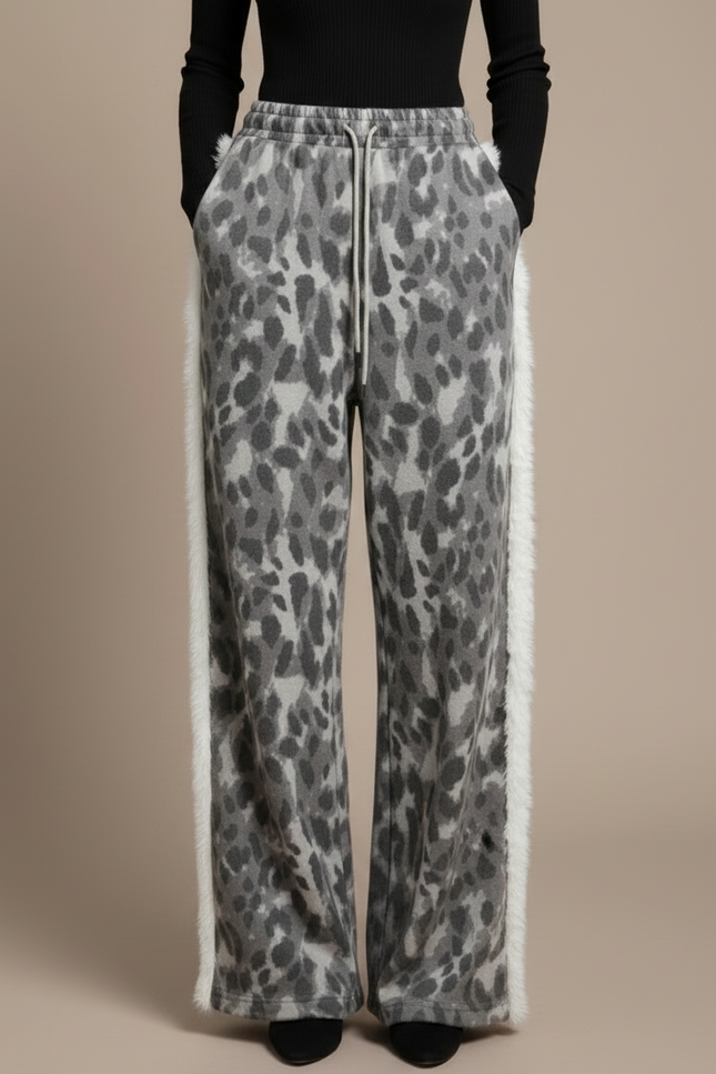 Pantalon Léopard Gris Ample Molletonné Doux Patchwork - vue 3