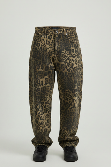 Pantalon Léopard Marron Ample Imprimé Denim Homme - Jean - vue 3