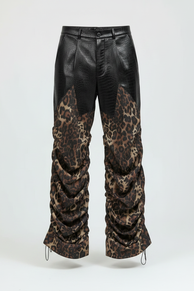 Pantalon Léopard Noir Plissé Imprimé Homme Décontracté - Simili cuir - vue 3