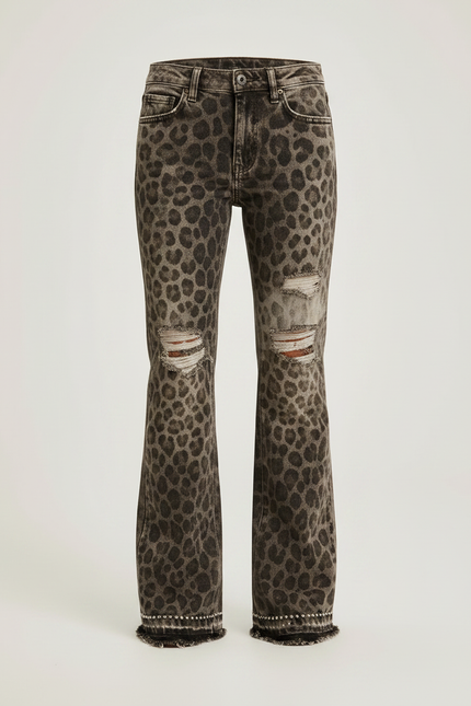 Pantalon Léopard Évasé Déchiré Clouté Marron Fille - Jean - vue 3
