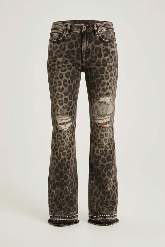 Pantalon Léopard Évasé Déchiré Clouté Marron Fille - Jean - vue 3