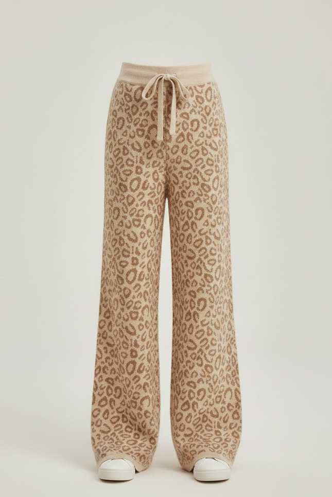 Pantalon Léopard Beige Tricoté Ample Confortable Doux - Maille - vue 3