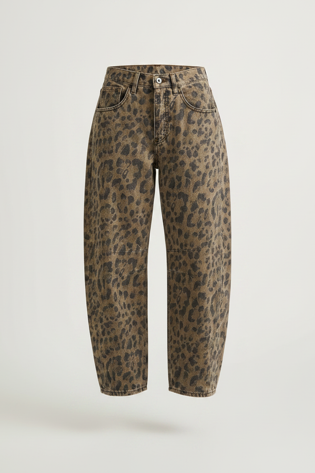 Pantalon Léopard Jean Ample Lavé Marron Vintage - vue 3
