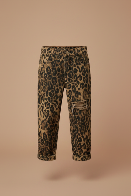 Pantalon Léopard Ample Marron Imprimé Déchiré Fille - Jean - vue 3
