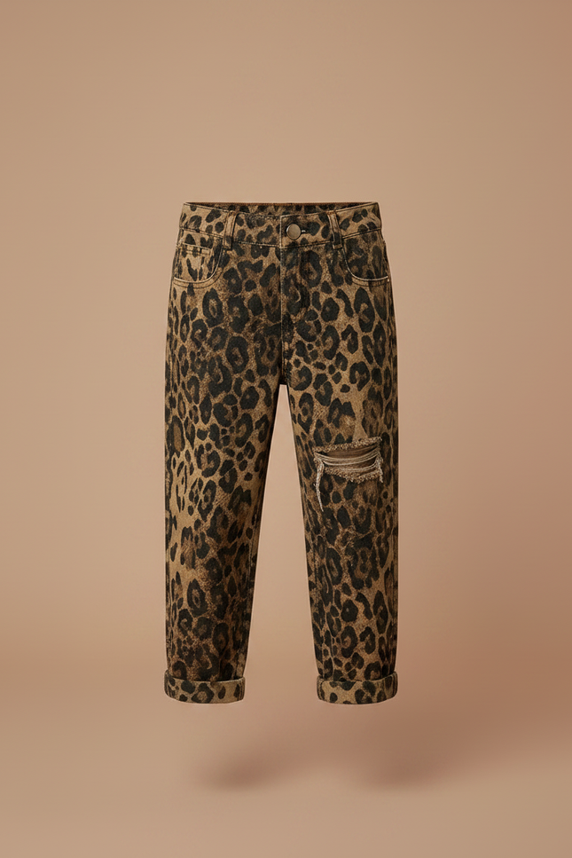 Pantalon Léopard Ample Marron Imprimé Déchiré Fille - Jean - vue 3
