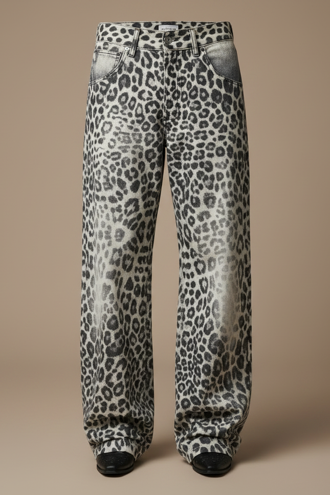 Pantalon Léopard Ample Gris Imprimé Streetwear Denim - Jean - vue 3