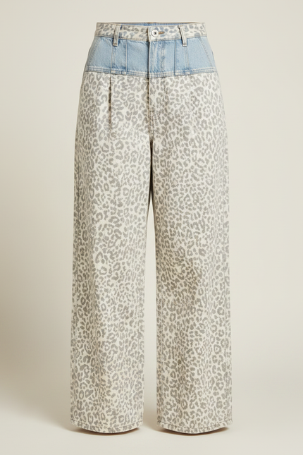 Pantalon Léopard Écru Imprimé Ample Taille Haute - Beige Jean - vue 3