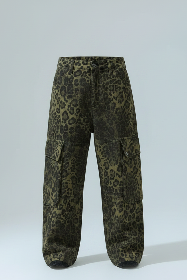 Pantalon Léopard Cargo Vert Ample Enfant Coton - Kaki Toile - vue 3