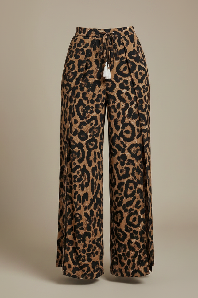 Pantalon Léopard Fluide Fendu Taille Haute Élégant - Imprimé Viscose - vue 3
