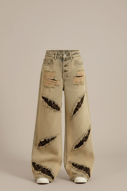 Pantalon Léopard Ample Beige Délavé Déchiré Fille - Jean - vue 3