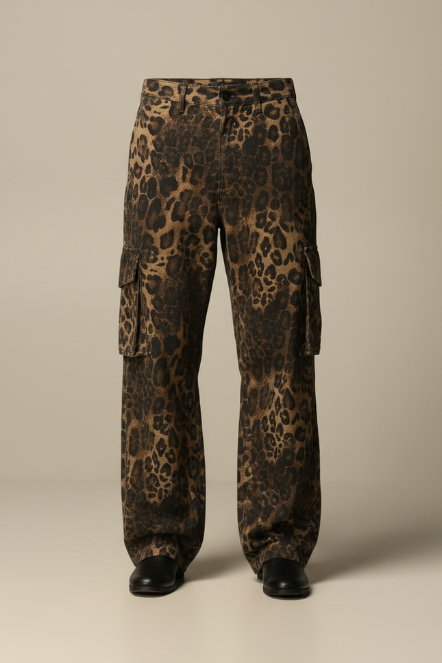 Pantalon Léopard Homme Cargo Imprimé Ample Marron - Toile - vue 3