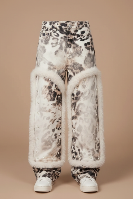 Pantalon Léopard Imprimé Fourrure Clouté Ample Blanc - Velours - vue 3
