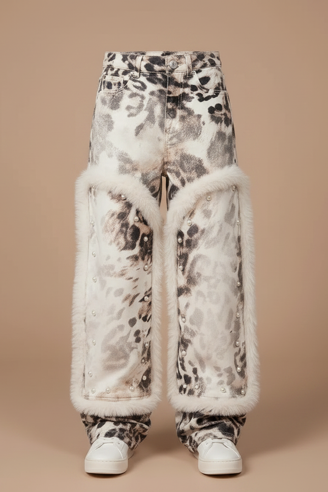 Pantalon Léopard Imprimé Fourrure Clouté Ample Blanc - Velours - vue 3