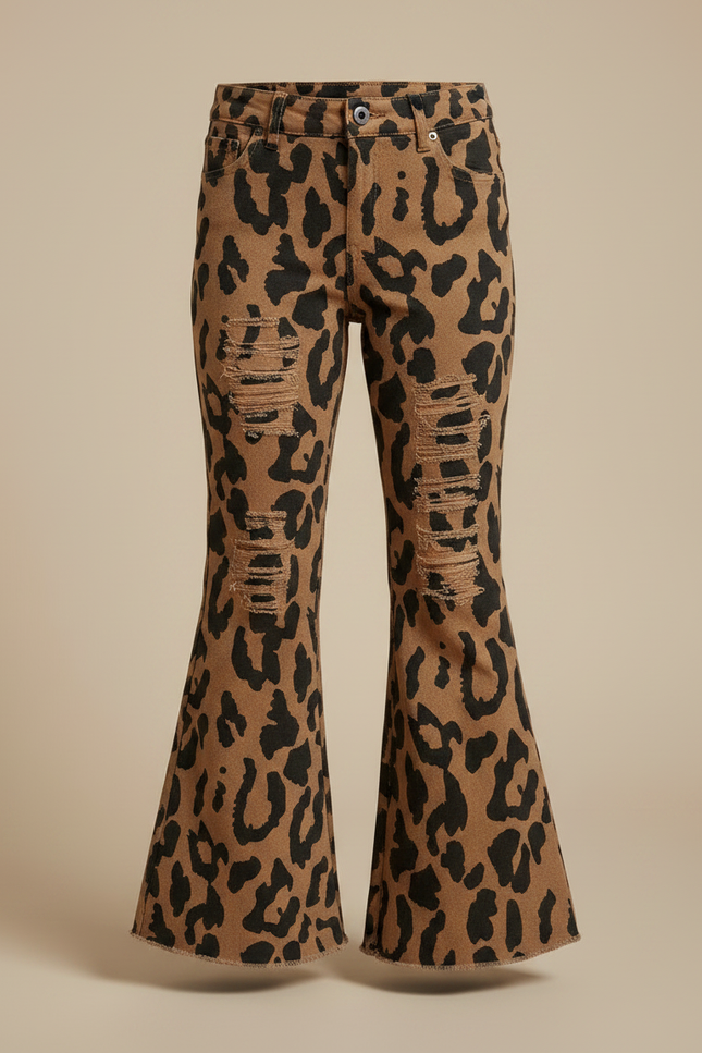 Pantalon Léopard Évasé Marron Imprimé Distressed Fille - Jean - vue 3