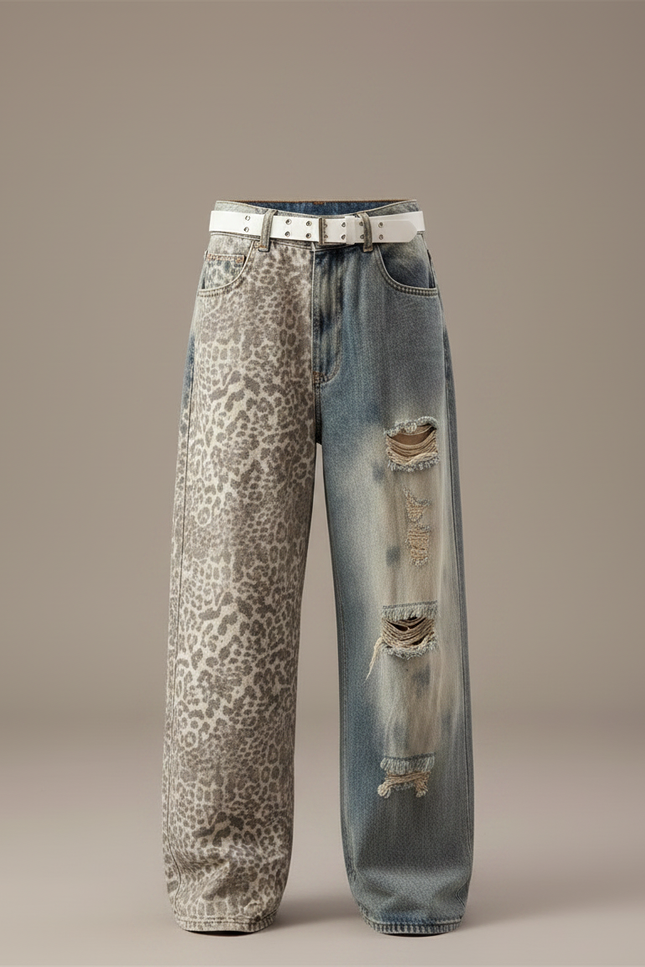 Pantalon Léopard Ample Gris Imprimé Délavé Déchiré - Jean - vue 3