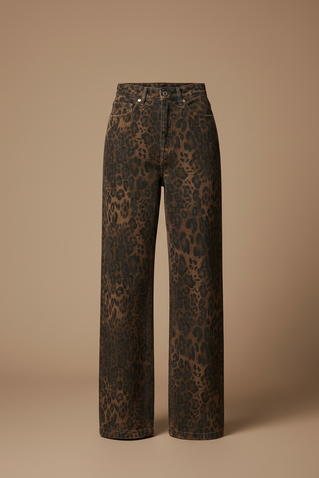 Pantalon Léopard Marron Imprimé Ample Denim Large Y2K - Jean - vue 3