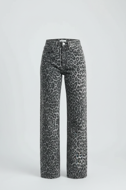 Pantalon Léopard Gris Taille Haute Large Droit - Jean - vue 3