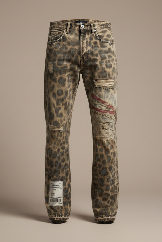 Pantalon Léopard Distressed Ripped Denim Streetwear Homme - Imprimé Jean - vue 3