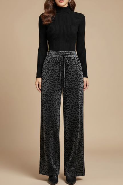Pantalon Léopard Velours Gris Imprimé Taille Haute Fluide - vue 3
