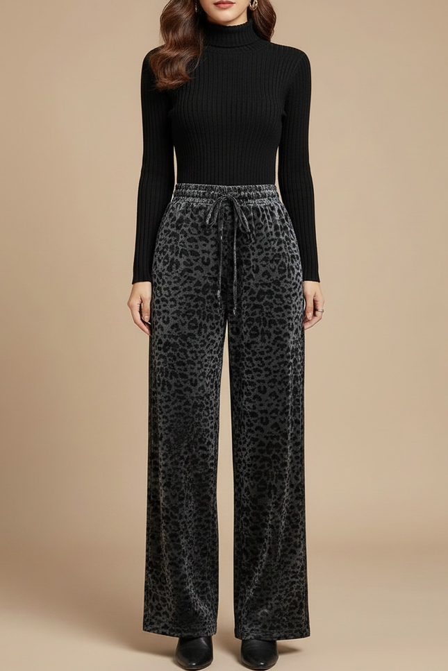 Pantalon Léopard Velours Gris Imprimé Taille Haute Fluide - vue 3