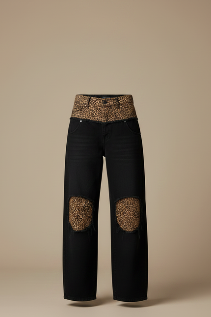 Pantalon Léopard Noir Large Patchwork Délavé Femme - Jean - vue 3