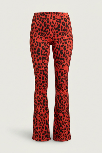 Pantalon Léopard Rouge Évasé Stretch Femme Chic - Maille - vue 3