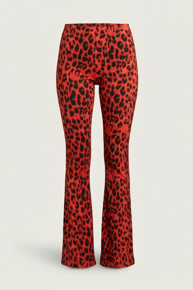 Pantalon Léopard Rouge Évasé Stretch Femme Chic - Maille - vue 3