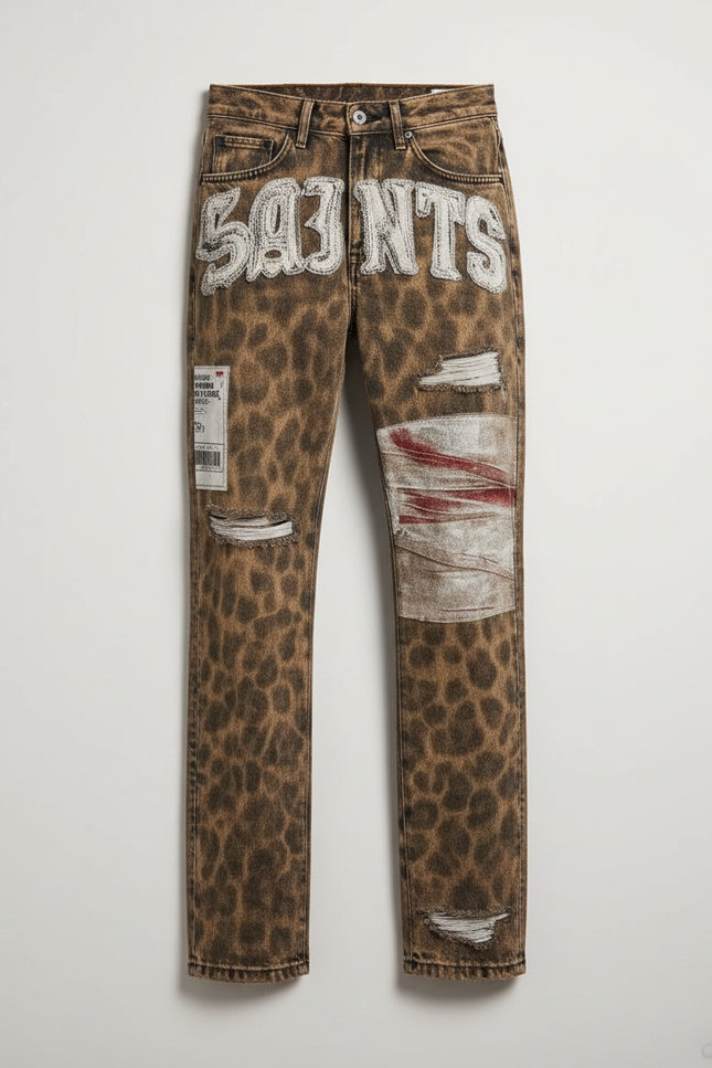 Pantalon Léopard Marron Brodé Patchwork Délavé Streetwear - Jean - vue 3
