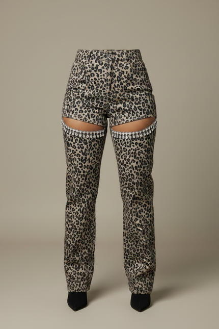 Pantalon Léopard Évasé Imprimé Strass Taille Haute - Jean - vue 3