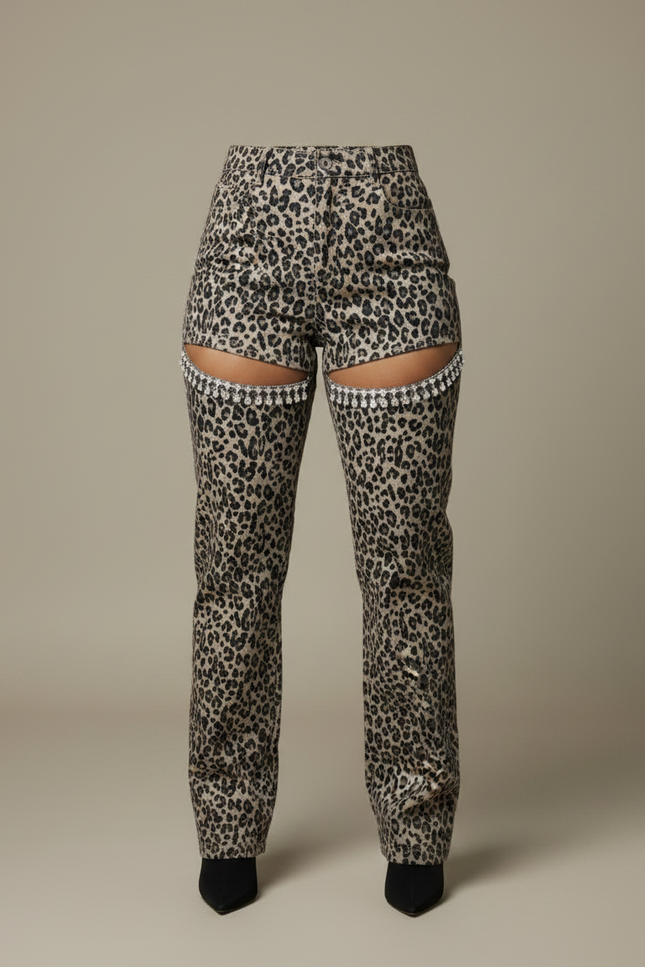 Pantalon Léopard Évasé Imprimé Strass Taille Haute - Jean - vue 3