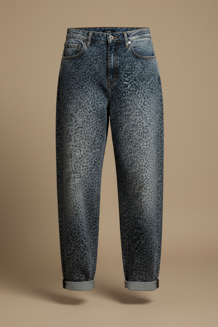Pantalon Léopard Jean Ample Délavé Streetwear Femme - Bleu - vue 3