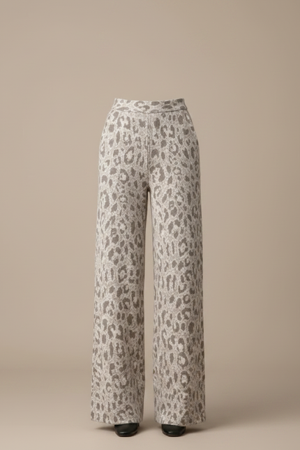 Pantalon Léopard Ample Gris Écru Tricoté Femme - Imprimé Maille - vue 3