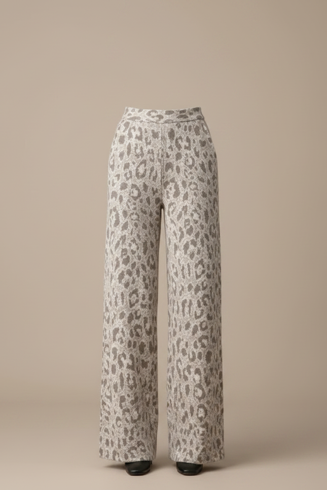 Pantalon Léopard Ample Gris Écru Tricoté Femme - Imprimé Maille - vue 3