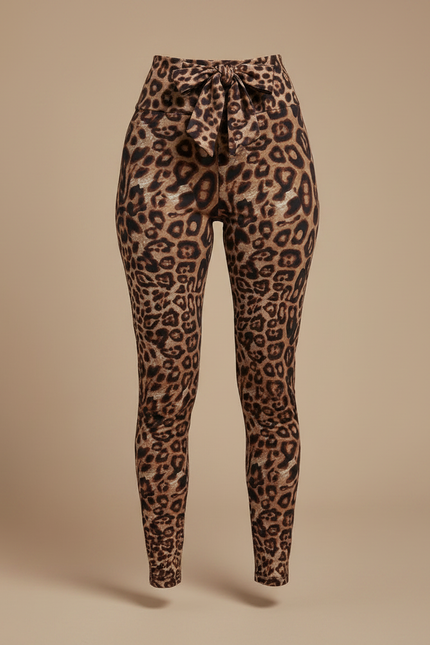 Pantalon Léopard Marron Moulant Imprimé Ceinture Nœud - Polyester - vue 3